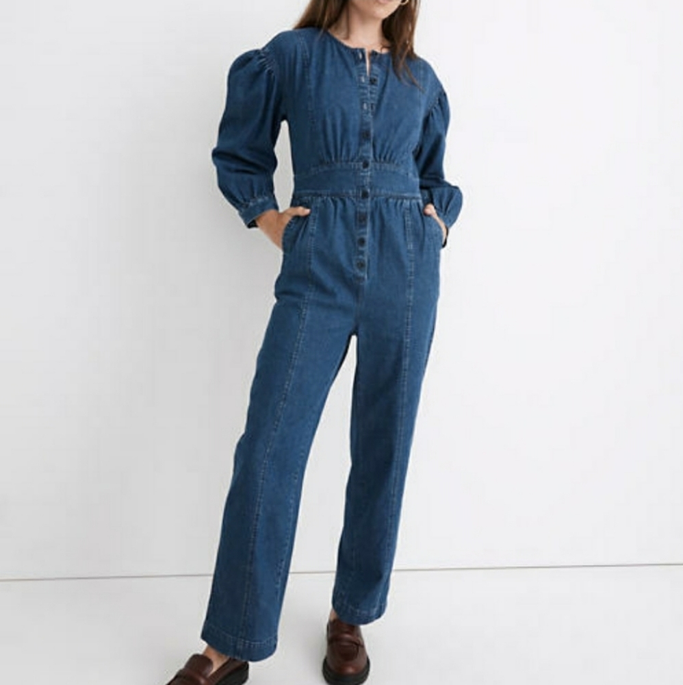 NWT Madewell Petite Blue Denim Puff-Sleeve Jumpsuit Size 6P